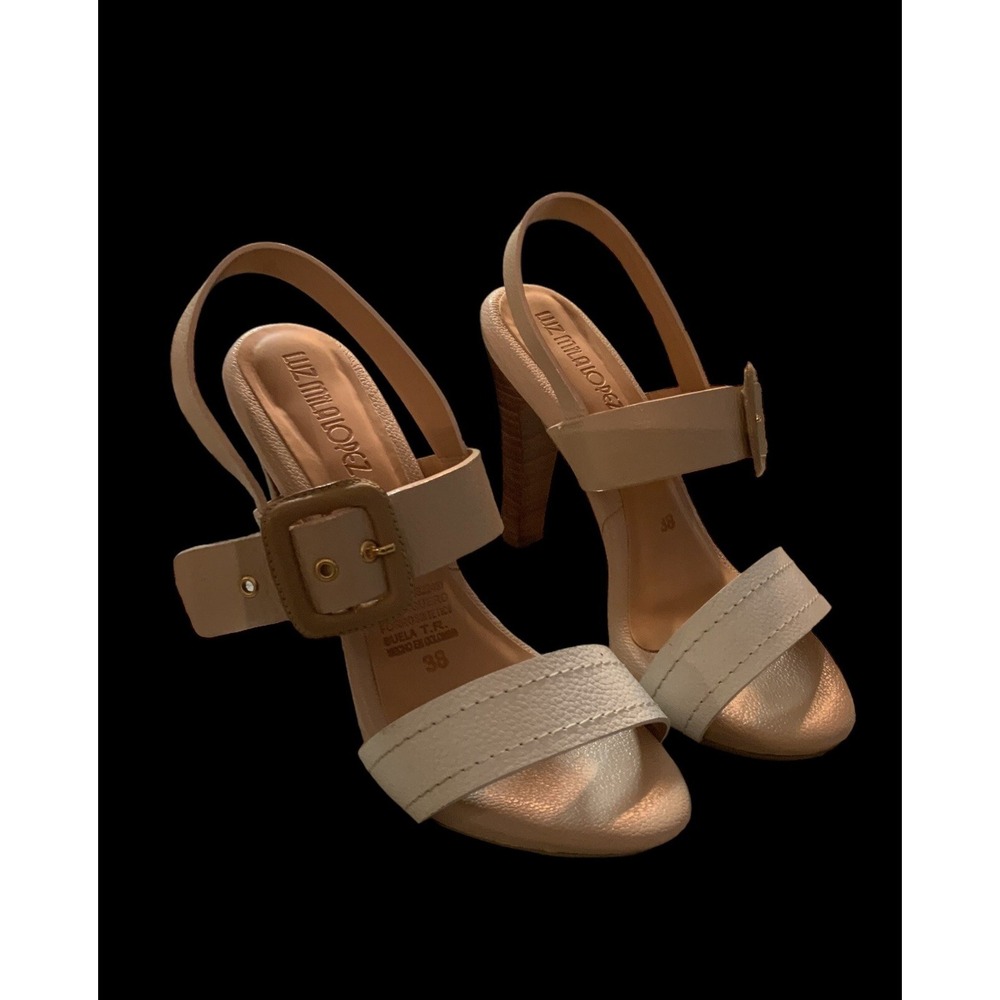 Luz Mila Lopez Sling Back Pebble Leather Heels Sz 38 With 4" Wood Stacked Heel